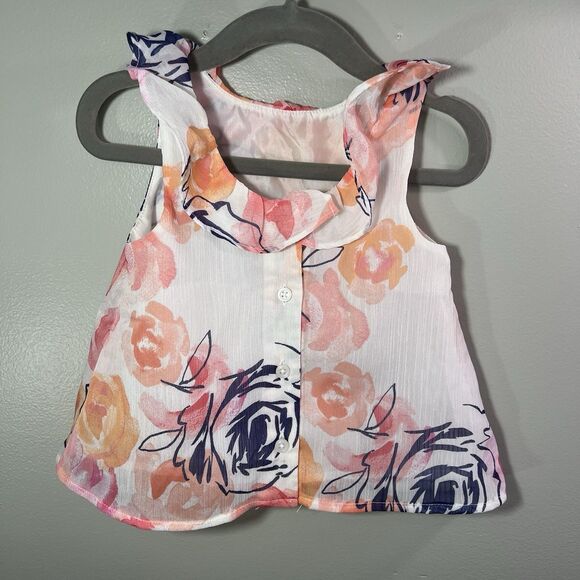 Janie & Jack Girls sleeveless Top, white w/ floral pattern & ruffle, size 12-18M - Picture 2 of 5